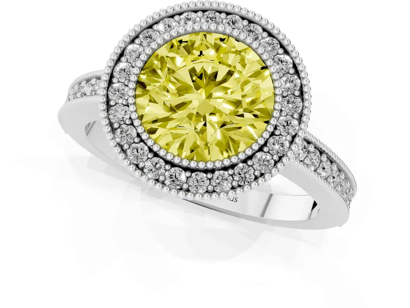 Fancy Yellow Round Cut Diamond Halo Engagement Ring Set in Silver with Pavé Band and Round Halo Stones