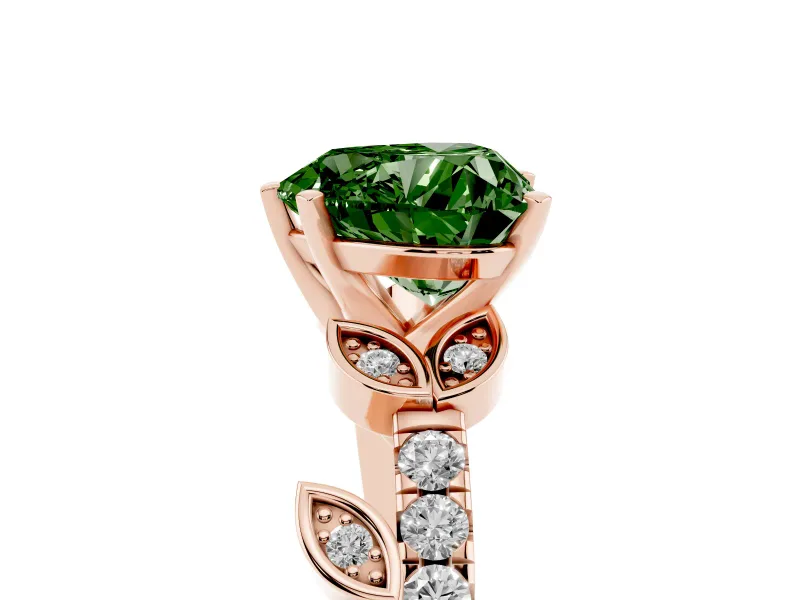Fancy Green Heart Cut Diamond Solitaire Leaf-Inspired Ring Set in Rose gold with Pavé Band and Prong Setting