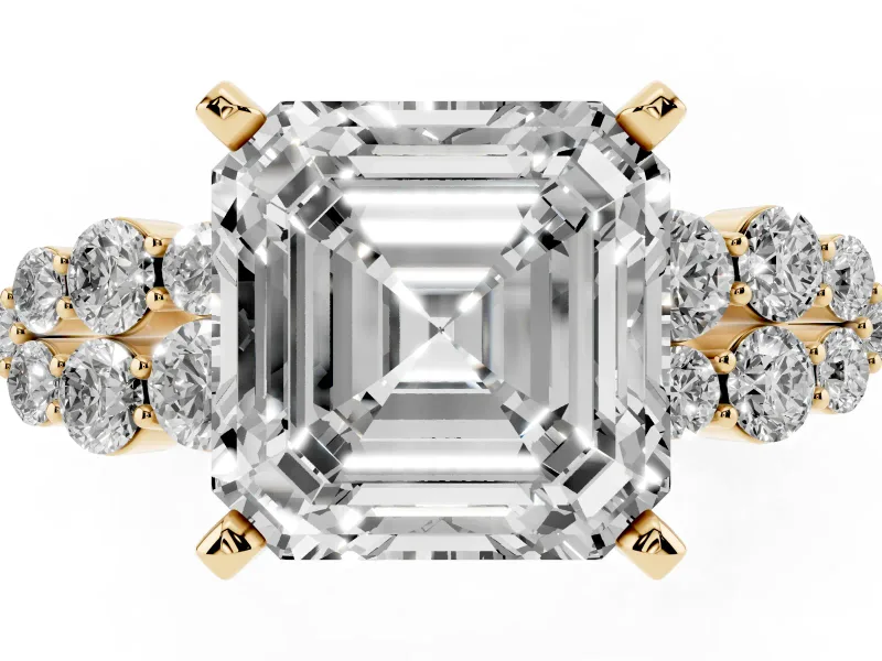 Asscher Cut Diamond Cluster Engagement Ring Set in Yellow gold with Pavé Band and Prong Setting