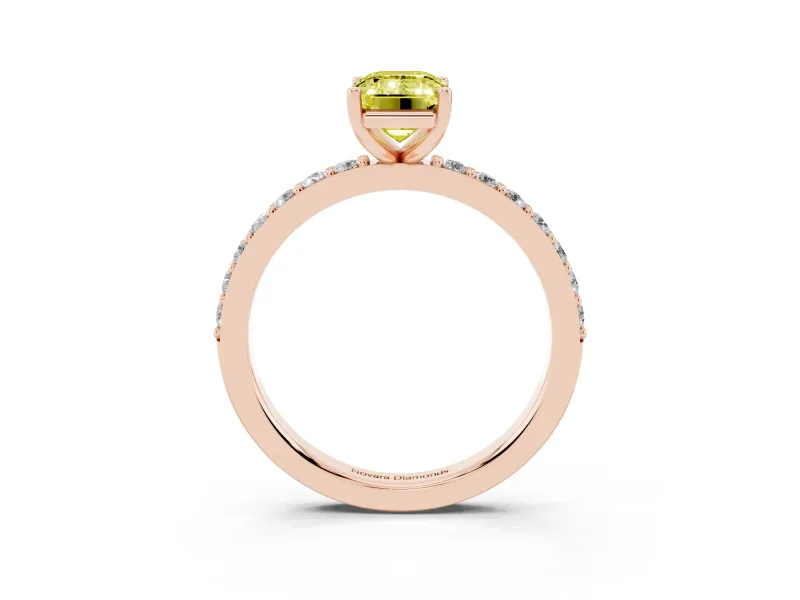 Fancy Yellow Emerald Cut Diamond Solitaire Set in Rose gold with Round Pavé Band and Prong Setting