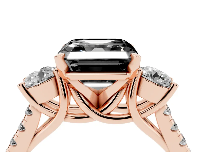 Fancy Black Three-Stone Asscher Cut Diamond Pavé Band Ring Set in Rose gold with Prong-Set Trio