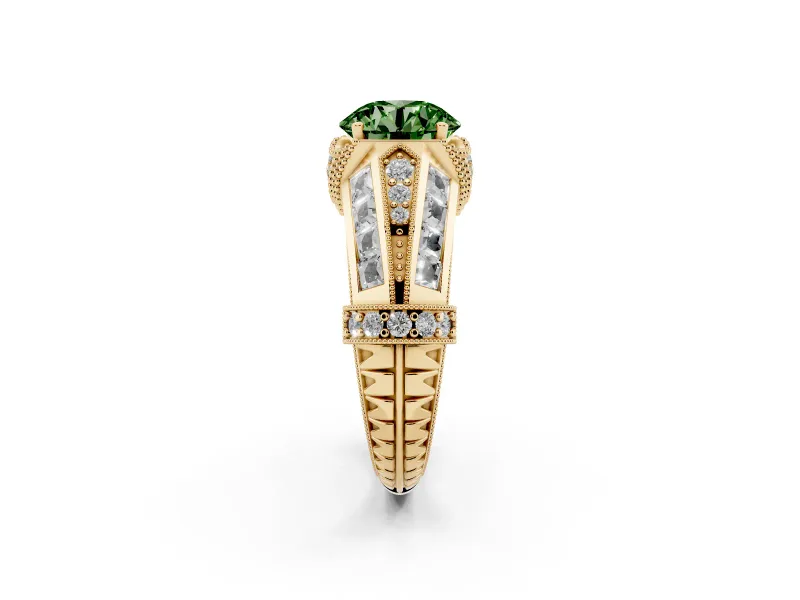 Fancy Green Round Cut Diamond Vintage-Inspired Milgrain Ring Set in Yellow gold with Accent Split Shank