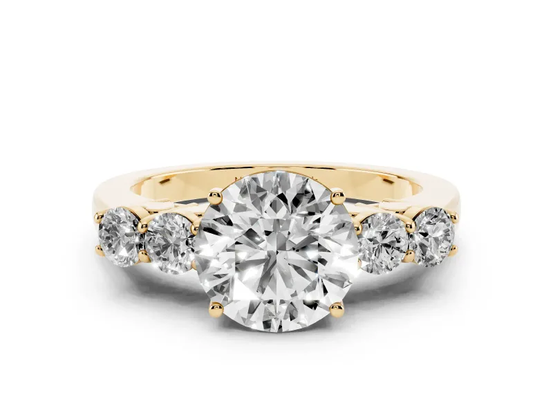 Round Cut Diamond Five-Stone Prong Set Band Ring Set in Yellow gold with Polished Band
