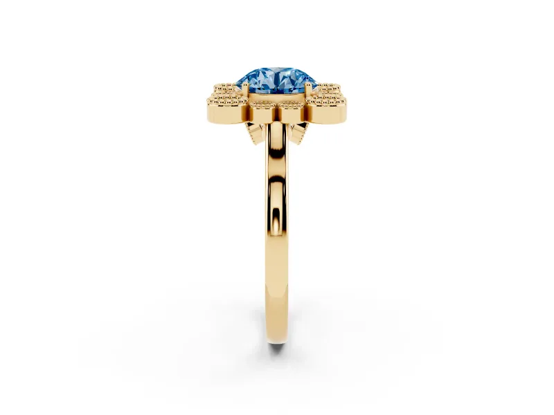 Round Milgrain Cluster Halo Engagement Ring Setting for a Fancy Blue Lab-Grown Diamond | Plain Band | Yellow Gold