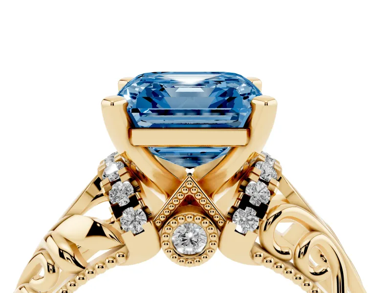 Asscher Cut Filigree Engagement Ring Setting for a Fancy Blue Lab-Grown Diamond | Yellow Gold