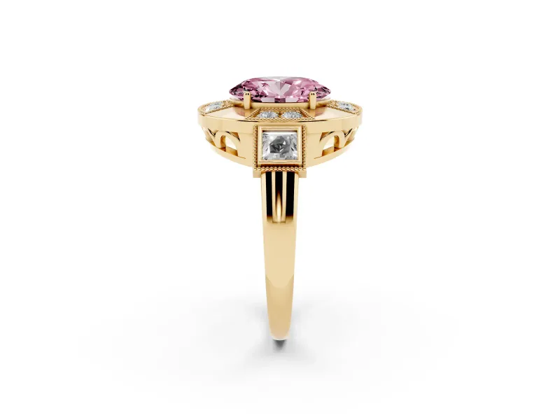 Fancy Pink Oval Cut Diamond Milgrain Halo Ring Set in Yellow gold with Split Shank