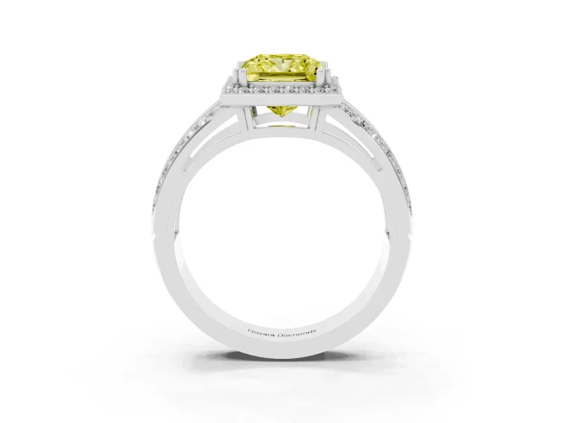 Princess Cut Halo Engagement Ring Setting for a Fancy Yellow Lab-Grown Diamond | Two-Row Pave Split Shank | White Gold