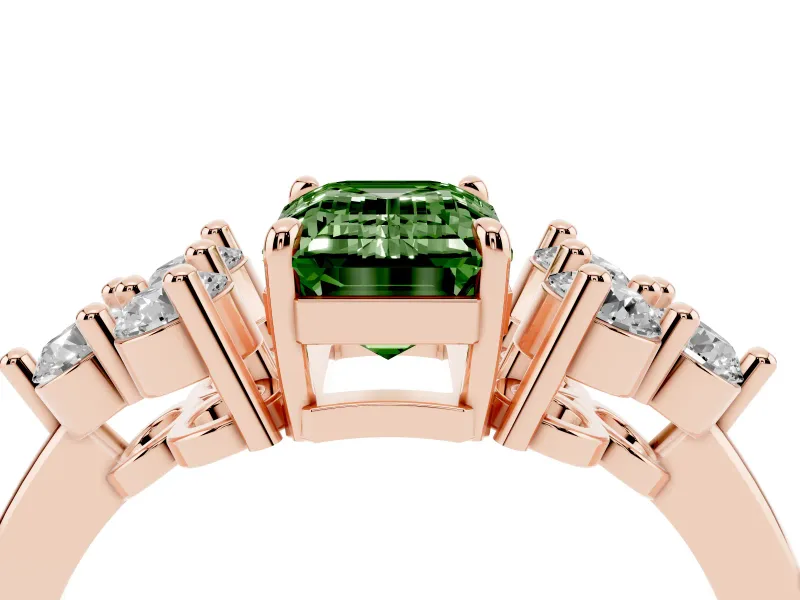 Fancy Green Emerald Cut Diamond Solitaire Ring Set in Rose gold with Cluster Accents on Each Side