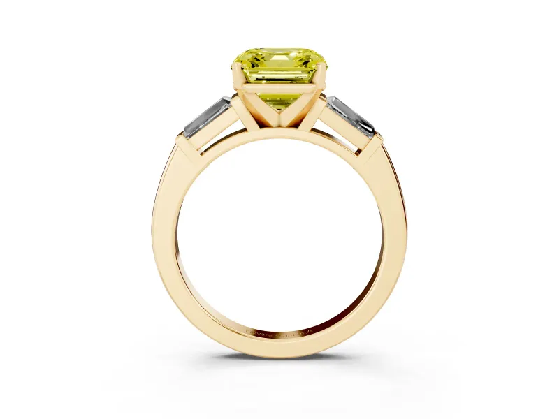 Fancy Yellow Asscher Cut Diamond Solitaire Ring Set in Yellow gold with Tapered Baguette Side Stones and Prong Setting