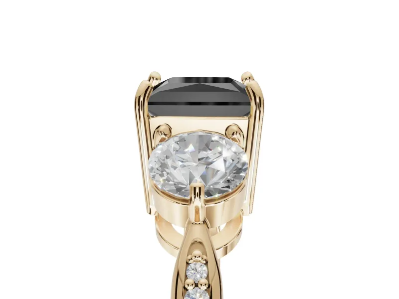 Princess Cut Three Stone Engagement Ring Setting for a Black Center | Tapered Pavé Band | Yellow Gold
