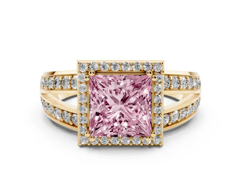 Fancy Pink Princess Cut Diamond Halo Ring Set in Yellow gold with Double Pavé Split Shank