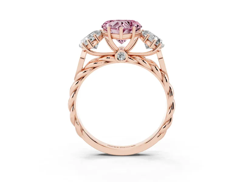 Heart-Shaped Three Stone Engagement Ring Setting for a Fancy Pink Lab-Grown Diamond | Braided Band | Rose Gold