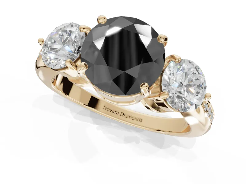 Fancy Black Round Cut Lab-Grown Diamond Three-Stone Ring Set in Yellow Gold with Channel-Set Band and Prong Setting