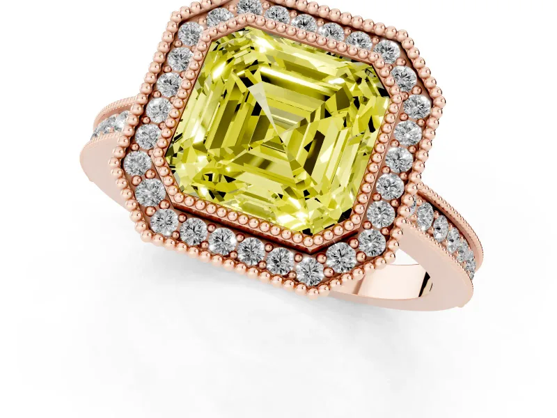 Fancy Yellow Asscher Cut Diamond Halo Ring Set in Rose gold with Pavé Band and Milgrain-Edged Prongs