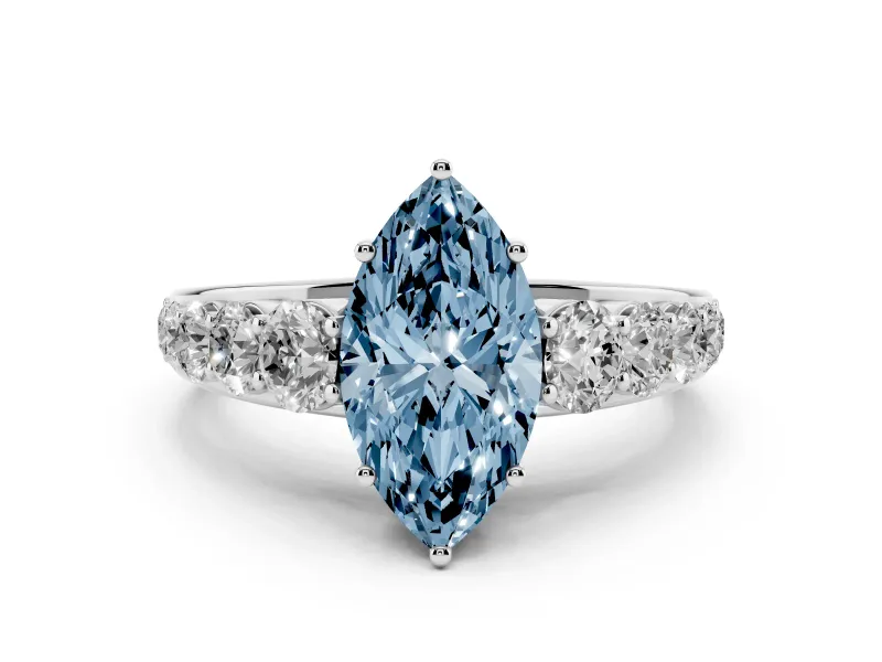 Fancy Blue Marquise Cut Diamond Solitaire Ring Set in White gold with Pavé-Set Band and Prong Setting