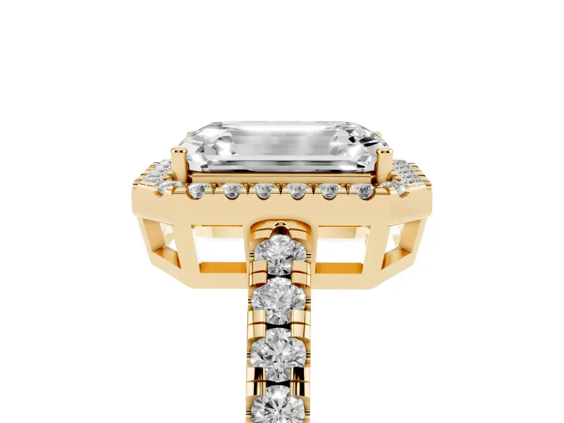 Emerald Cut Halo Engagement Ring Setting | Graduated Pavé Band | Yellow Gold