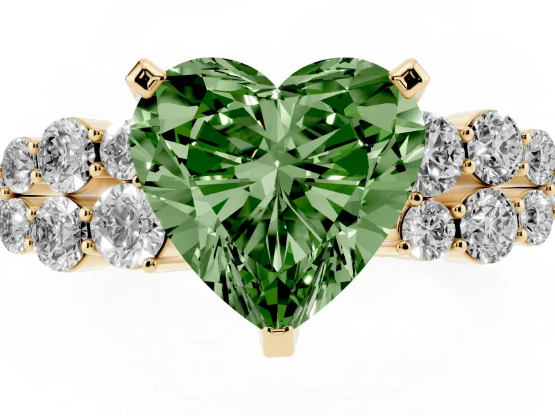 Heart-Shaped Side Stone Engagement Ring Setting for a Fancy Green Lab-Grown Diamond | Shoulder Clusters | Yellow Gold