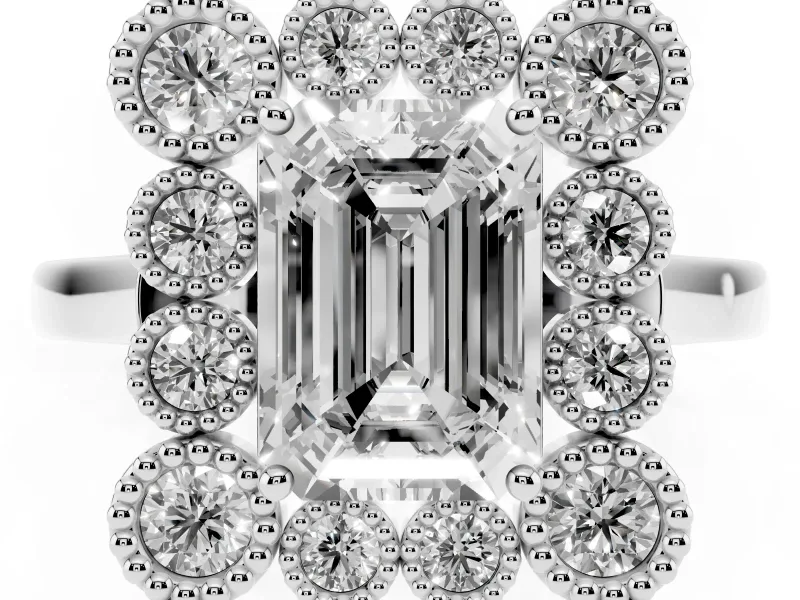 Emerald Cut Milgrain Cluster Halo Engagement Ring Setting | Plain Band | Sterling Silver