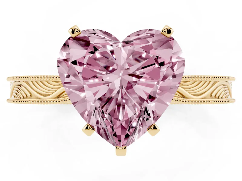 Heart-Shaped Engraved Engagement Ring Setting for a Fancy Pink Lab-Grown Diamond | Yellow Gold