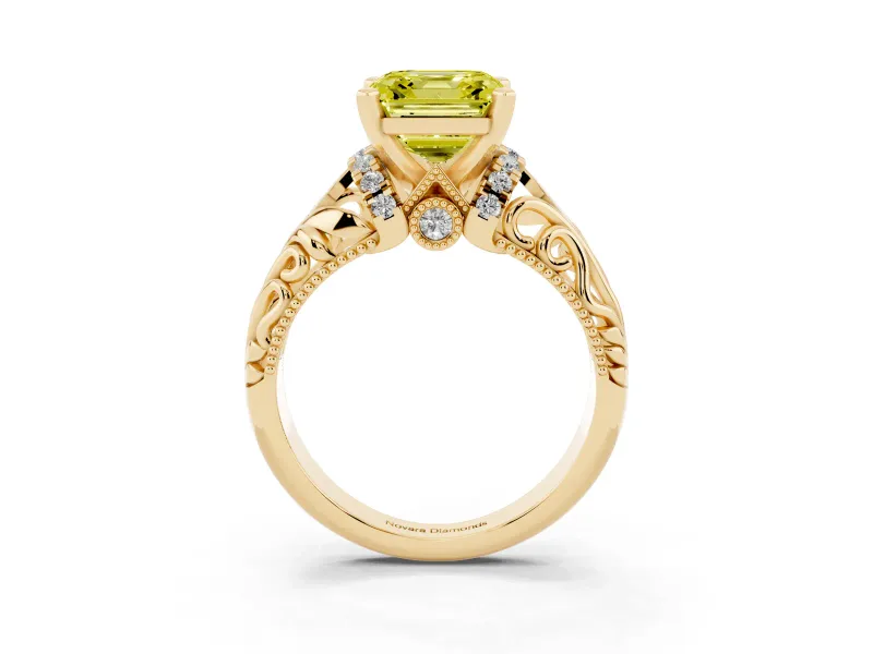 Fancy Yellow Asscher Cut Diamond Filigree Halo Engagement Ring Set in Yellow gold with Prong Setting