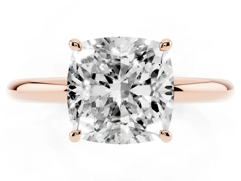 Cushion Cut Diamond Solitaire Ring Set in Rose gold with Thin Band and Prong Setting