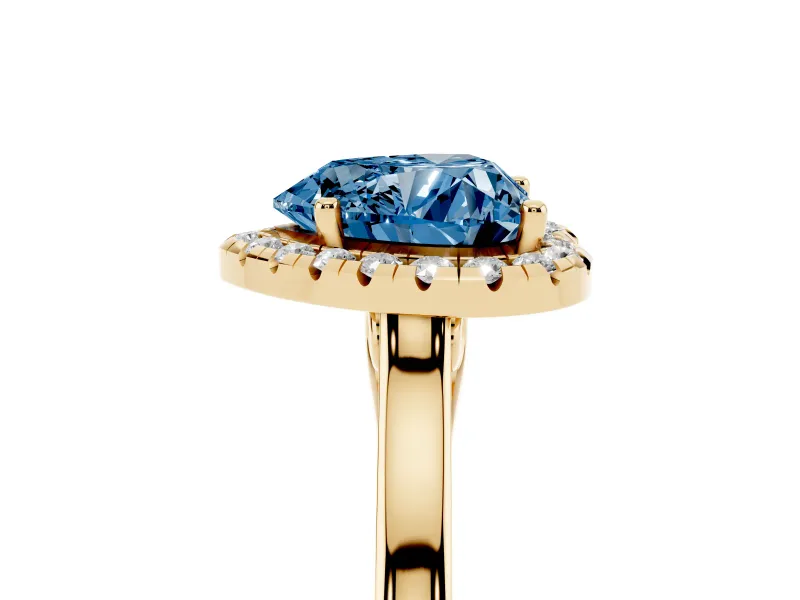 Fancy Blue Heart Cut Halo Round Diamond Solitaire Ring Set in Yellow gold with Pavé Band and Prong Setting