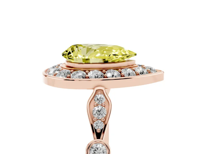Fancy Yellow Pear Cut Diamond Halo Engagement Ring Set in Rose gold with Twisted Band and Prong Setting