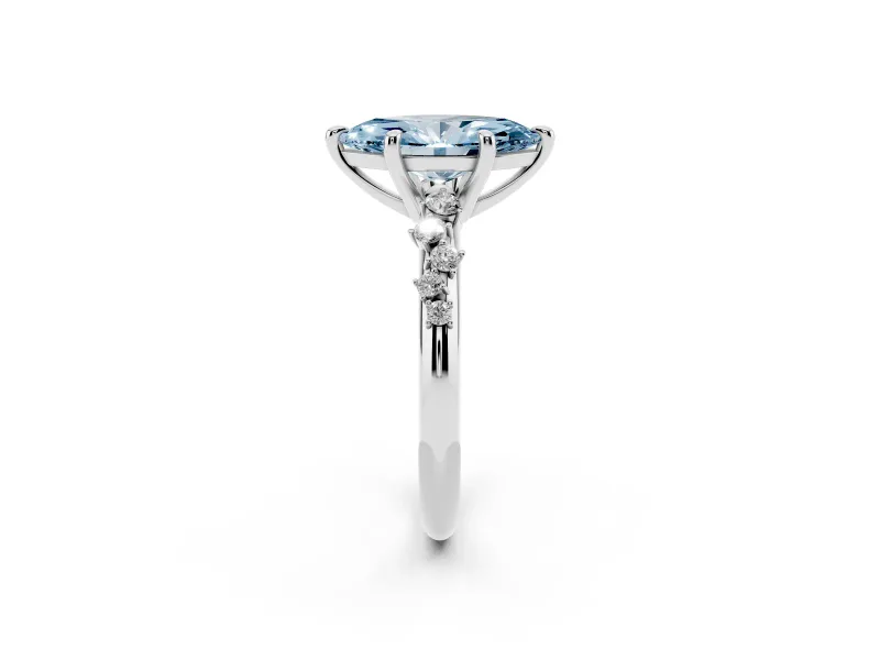 Fancy Blue Marquise Cut Diamond Solitaire Vine Band Ring Set in White gold with Round Accents and Prong Setting