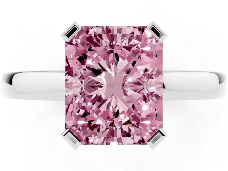 Fancy Pink Radiant Cut Diamond Solitaire Ring Set in Silver with Prong Head and Smooth Polished Band