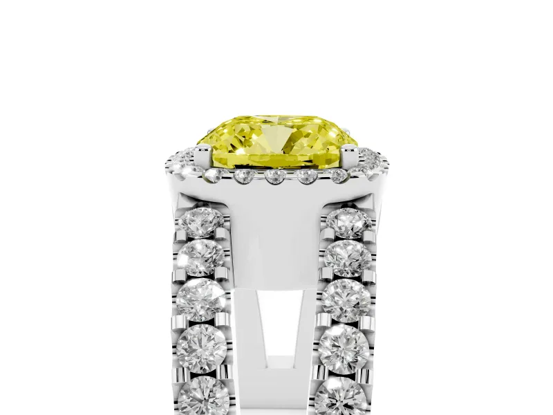 Fancy Yellow Cushion Cut Diamond Halo Ring Set in White gold with Pavé Split Shank and Prong Setting