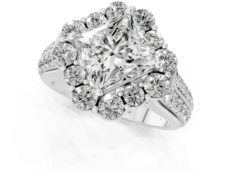Princess Cut Large Accent Halo Engagement Ring Setting | Graduated Pavé | White Gold