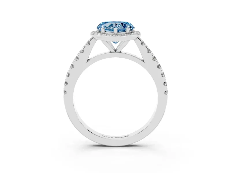 Fancy Blue Heart Cut Diamond Halo Engagement Ring Set in Platinum with Pavé Band and Prong Setting