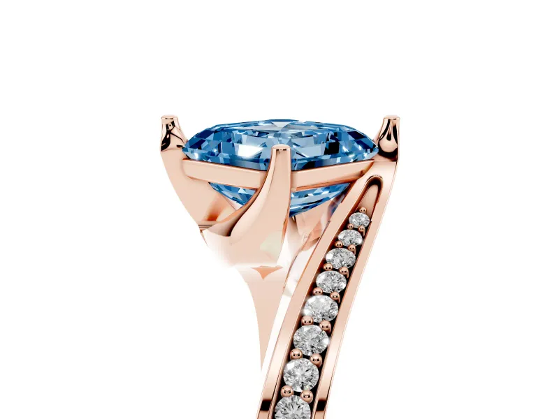 Fancy Blue Asscher Cut Diamond Solitaire Ring Set in Rose gold with Intertwined Pavé Twist Band