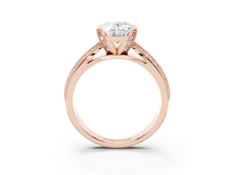 Oval Milgrain Solitaire Engagement Ring Setting | Graduated Double Row Pave | Rose Gold