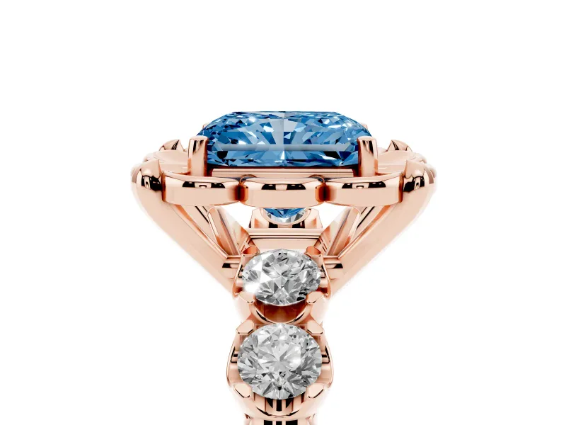Radiant Cut Floral Engagement Ring Setting for a Fancy Blue Lab-Grown Diamond | Petal Frame and Side Stones | Rose Gold