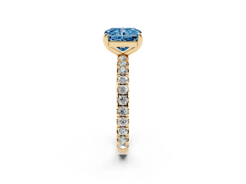 Fancy Blue Radiant Cut Diamond Pavé Solitaire Ring Set in Yellow gold with Round Band and Prong Setting