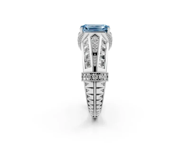Fancy Blue Emerald Cut Diamond Vintage-Inspired Milgrain Ring Set in Silver with Accent Split Shank