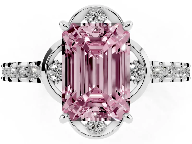 Emerald Cut Floral Engagement Ring Setting for a Fancy Pink Lab-Grown Diamond | Pavé Band | Platinum