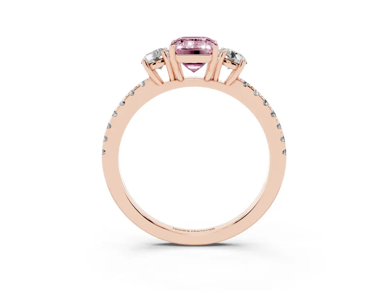 Emerald Cut Three Stone Engagement Ring Setting for a Fancy Pink Lab-Grown Diamond | Pave Shoulders | Rose Gold