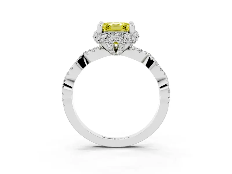Fancy Yellow Asscher Cut Diamond Halo Twist Band Solitaire Ring Set in Silver with Prong-Set Center Stone