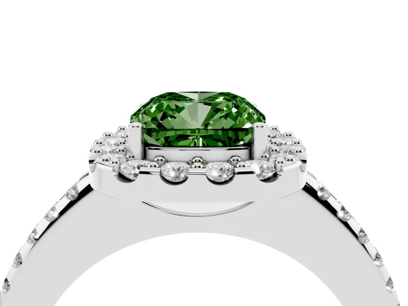 Cushion Cut Pave Halo Engagement Ring Setting for a Fancy Green Lab-Grown Diamond | Pave Band | White Gold