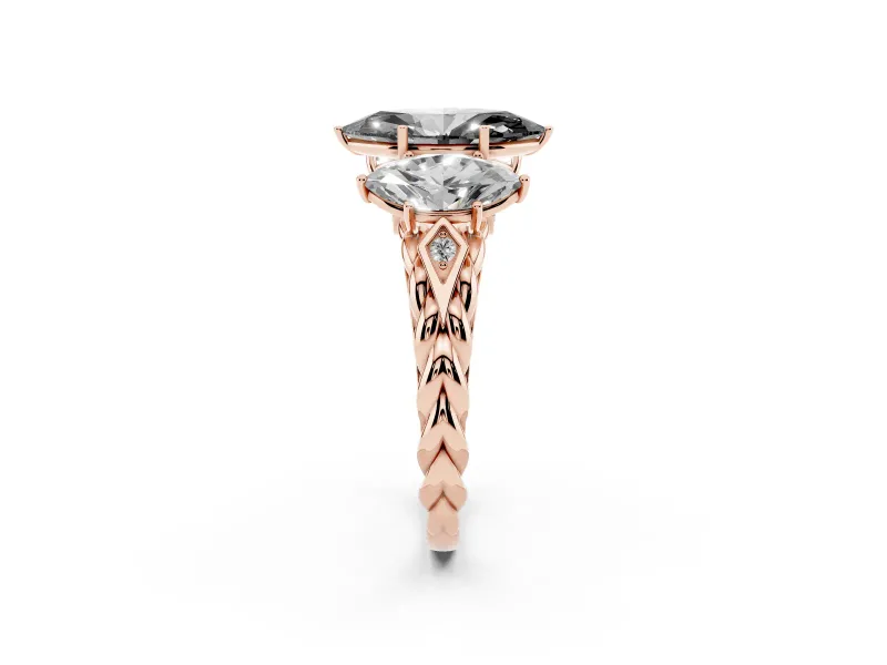 Fancy Black Marquise Cut Diamond Three-Stone Ring Set in Rose gold with Braided Band