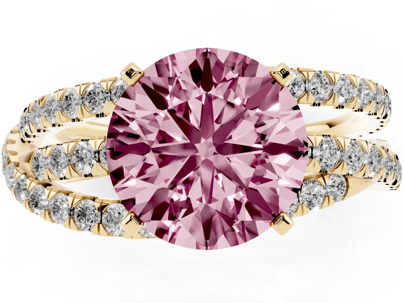 Fancy Pink Round Cut Diamond Solitaire Twist Band Ring Set in Yellow gold with Pavé Setting and Prong Head
