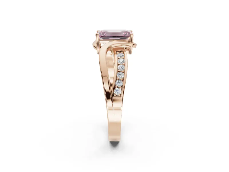 Emerald Cut Bypass Solitaire Engagement Ring Setting for a Fancy Pink Lab-Grown Diamond | Pavé Strands | Rose Gold