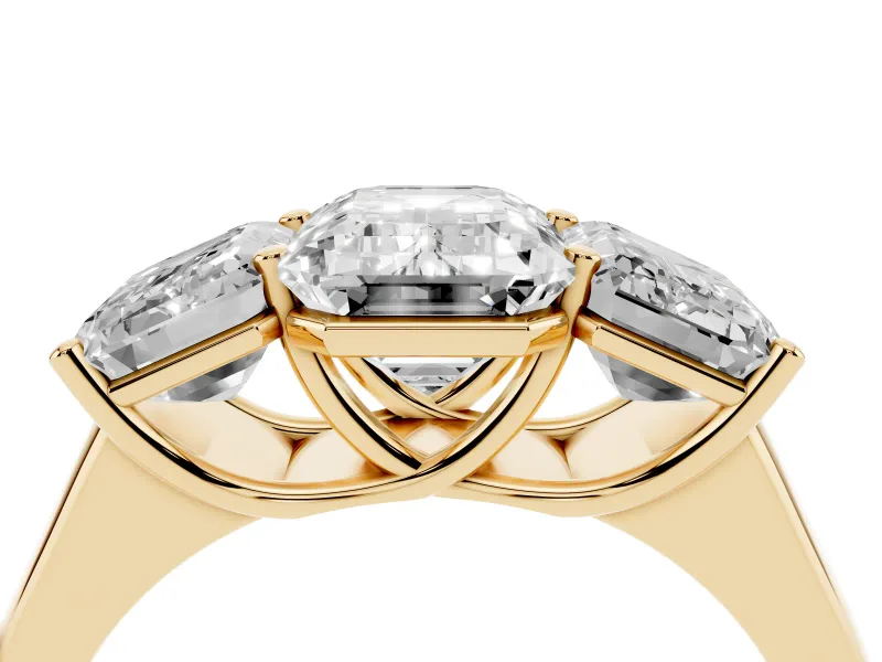 Emerald Cut Three Stone Engagement Ring Setting | Basket Prong Heads | Yellow Gold