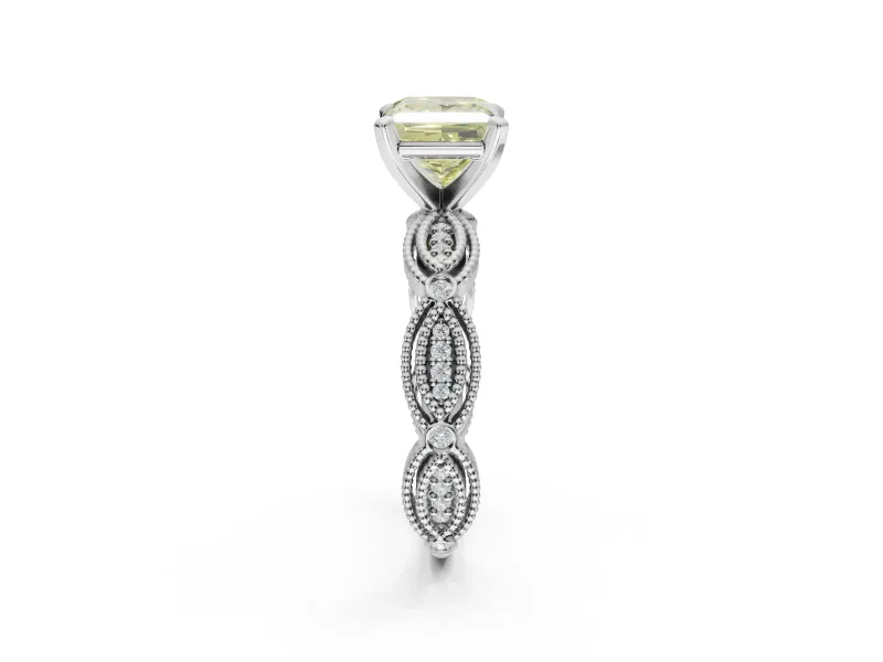 Princess Cut Vintage Engagement Ring Setting for a Fancy Yellow Lab-Grown Diamond | Graduated Stations | White Gold