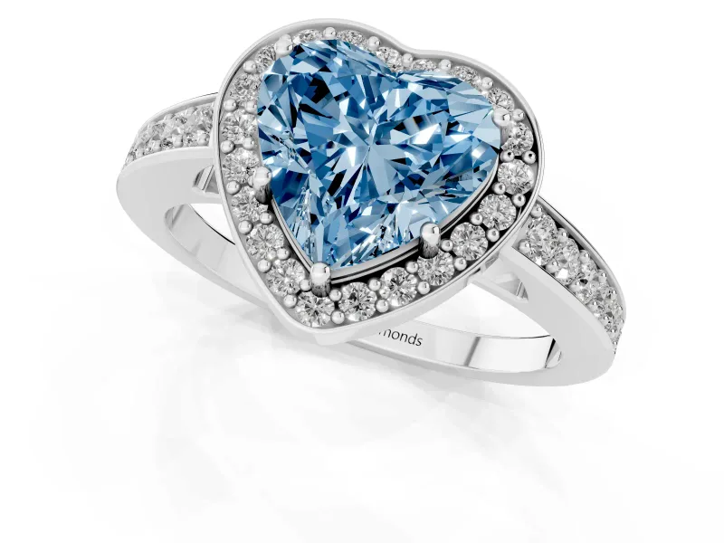 Fancy Blue Heart Cut Diamond Halo Pavé Engagement Ring Set in Silver with Bezel Setting