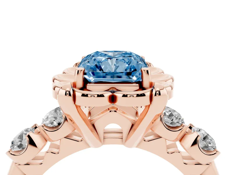 Radiant Cut Floral Engagement Ring Setting for a Fancy Blue Lab-Grown Diamond | Petal Frame and Side Stones | Rose Gold