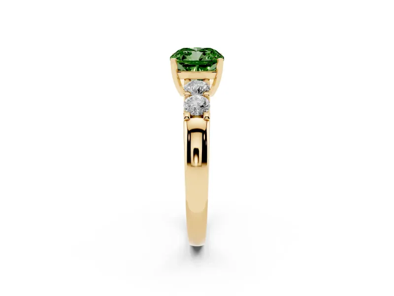 Fancy Green Cushion Cut Diamond Five-Stone Prong Set Engagement Ring Set in Yellow gold with Channel Band