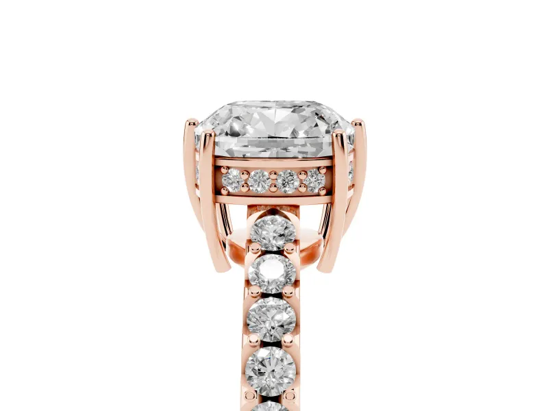 Cushion Cut Hidden Halo Solitaire Engagement Ring Setting | Shared Prong Band | Rose Gold